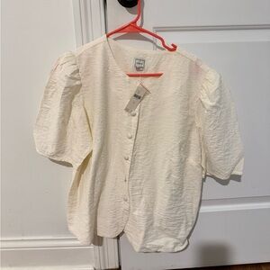 Anthropologie Cream Textured Puff-Sleeve Button Front Top